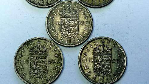 Lot of FIVE Great Britain ONE Shilling coins (1955, 1958, 1961, 1963 and 1964)