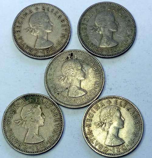 Lot of FIVE Great Britain ONE Shilling coins (1955, 1958, 1961, 1963 and 1964)