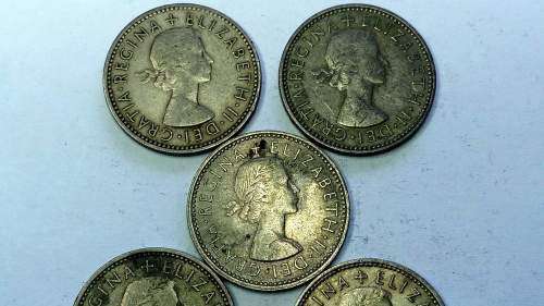 Lot of FIVE Great Britain ONE Shilling coins (1955, 1958, 1961, 1963 and 1964)