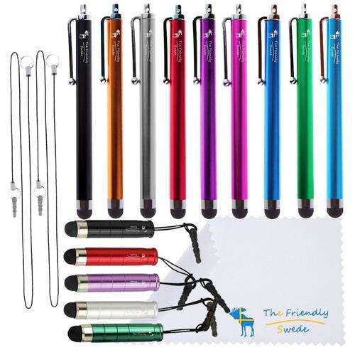 The Friendly Swede (TM) Bundle of 14 Colorful Stylus Pens+2*15 Inch Stylus Lanyards+Microfiber Cloth