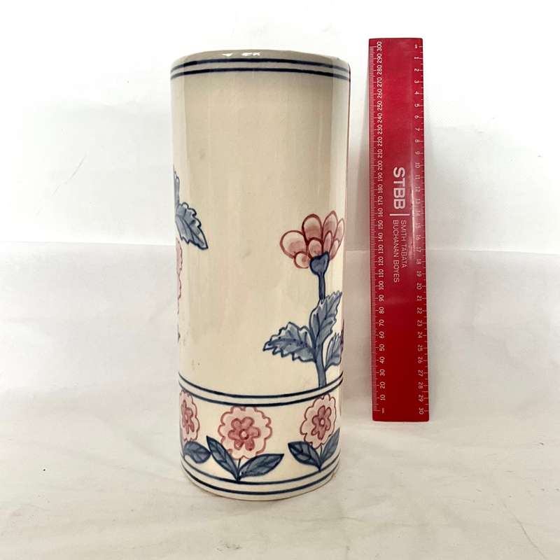 Pretty, tall heavy oriental style pink and white ceramic vase with floral decoration