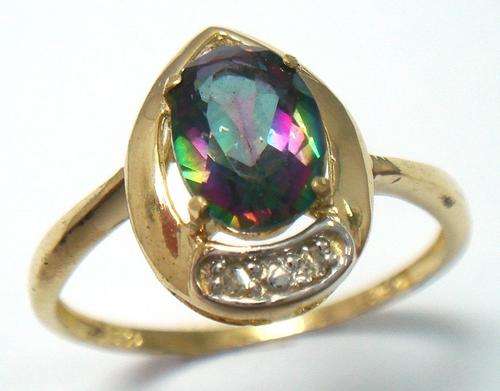 Beautiful solid 9kt gold and genuine mystic topaz and diamond ring.