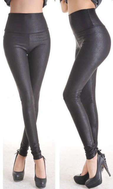 Deep black faux leather leggings with shimmer