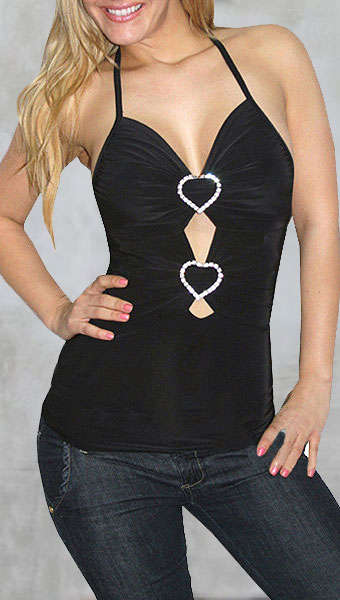 Two Rhinestone Heart Halter Top / Clubwear- One Size