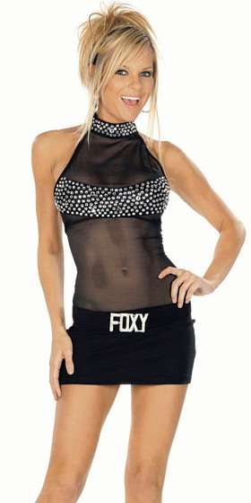 Mini Dress with Rhinestones and High Neck / Clubwear - One Size