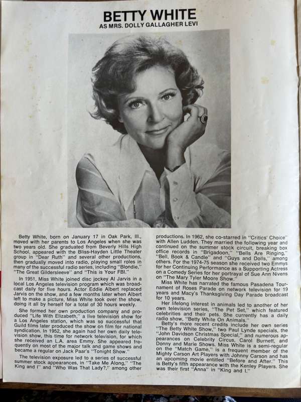 Betty White Programme and Playbill from the Kenley Players Hello Dolly of 1979