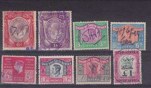 ***UNION SA - REV STAMP SEL x 8 KGV & KGV1 & ARMS - FISCALLY USED  !!!!SEE SCAN FOR DETAILS!!!
