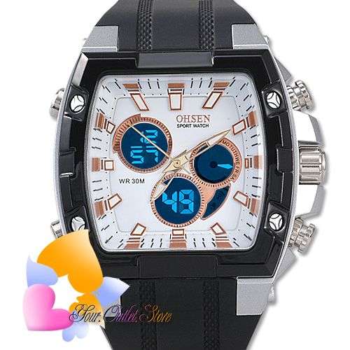 ****NEW OHSEN WHITE QUARTZ DIGITAL MENS/LADIES CHRONOGRAPH***WATER RESISTANT 30m**DAY/DATE/ALARM***