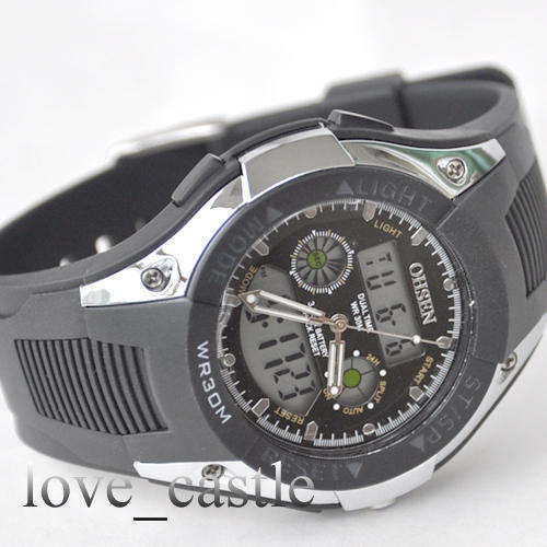 ***NEW OHSEN MENSLED BLACK QUARTZ ANALOG DIGITAL STOP WATCH****