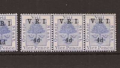 ****ORANGE FREE STATE 1902 STRIP OF 3 V.R.I. OVPT 4d ON 4d SG 118 MOG !!!!***