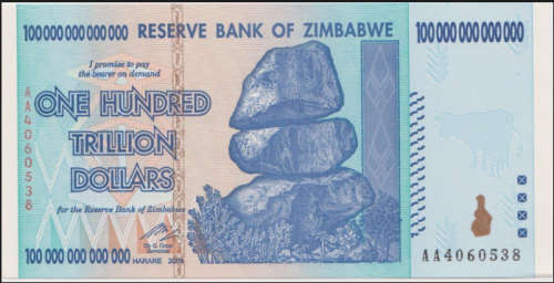 10 X ZIMBABWE 100 TRILLION  "AA" BANKNOTE  2008  "Only R1499" each !!!!!!!!!!!!!!