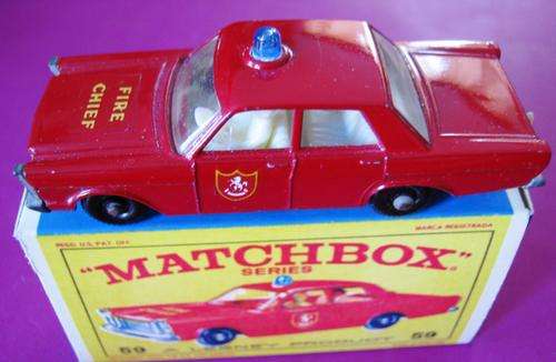MINT BOXED NO 59C FORD GALAXIE FIRE CHIEF CAR BY MATCHBOX LESNEY,  ENGLAND (NOT CORGI OR DINKY)