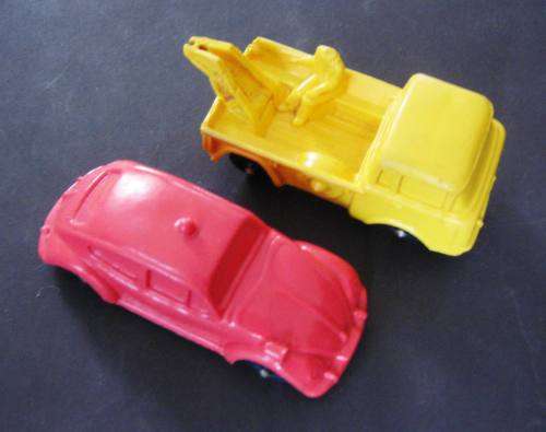 TWO "TOMTE LAERDAL" PLASTIC CARS FROM THE SIXTIES FROM NORWAY. NOT CORGI OR DINKY.