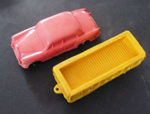 TWO "TOMTE LAERDAL" PLASTIC CARS FROM THE 60'S FROM NORWAY. NO 9 MERCEDES SEDAN AND COACH. NOT DINKY