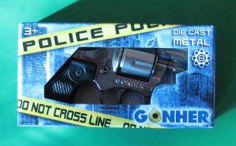 NEW SILVER DIE-CAST METAL 8-SHOT "POLICE" SNUBNOSE REVOLVER FROM GONHER OF SPAIN. NEVER BEEN FIRED!
