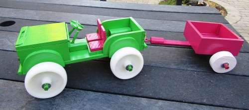 HAND MADE WOODEN `BARBIE` JEEP IN APPLE GREEN WITH TRAILER IN PINK. TOUGH STRUCTURE. NOT DINKY.