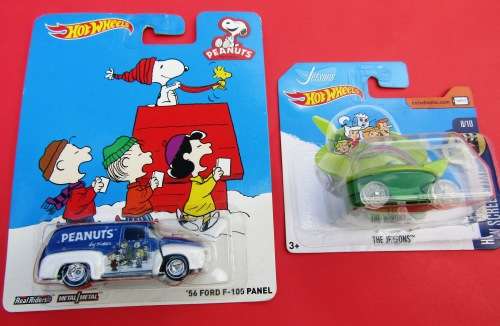 MINT `PEANUTS` 1956 FORD F100 AND JETSONS CAPSULE BY HOTWHEELS SCREEN TIME. NOT LESNEY OR CORGI.
