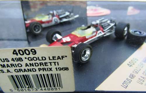 MARIO ANDRETTI`S GOLD LEAF LOTUS 49B RACING CAR FROM 1968 USA GRAND PRIX IN BOX.