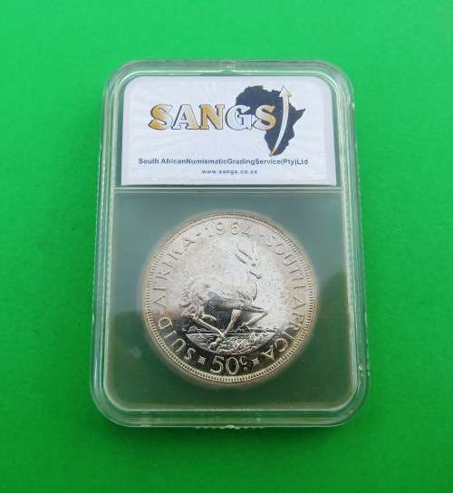 SANGS GRADED PF 64 SLABBED SILVER SOUTH-AFRICAN 1964 50 CENT COIN.