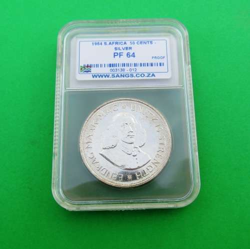 SANGS GRADED PF 64 SLABBED SILVER SOUTH-AFRICAN 1964 50 CENT COIN.