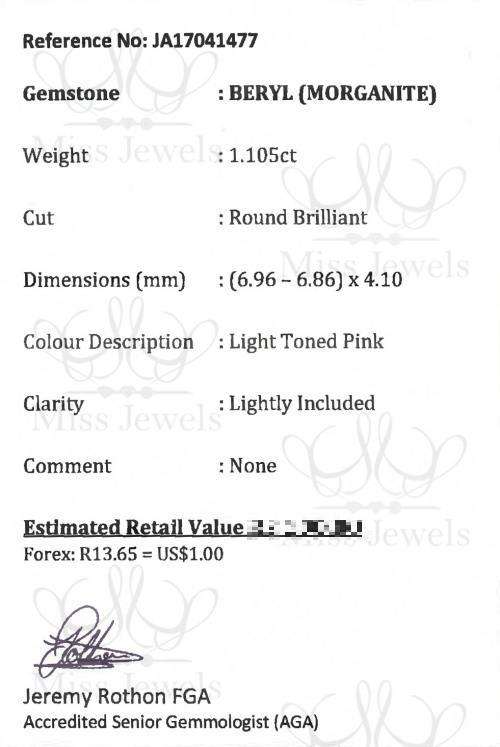 1.105ct Round Brilliant Cut Genuine Beryl(Morganite)