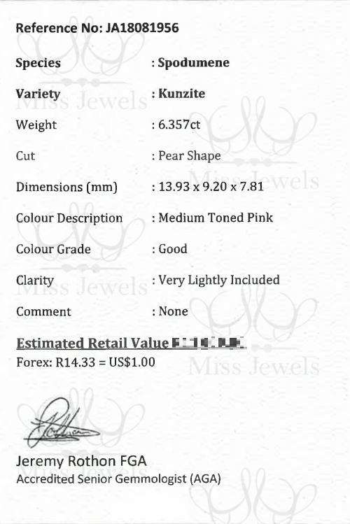 6.357ct Pear shape Kunzite