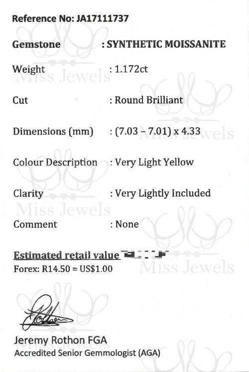 1.172ct Very Light Yellow Moissanite