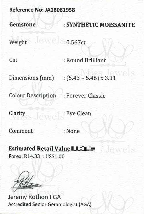 Certified 0.567ct Forever Classic Moissanite