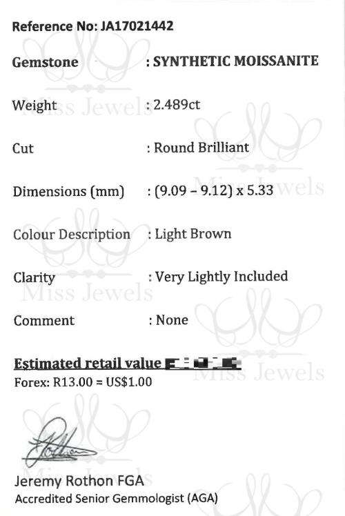 Certified 2.489ct Light Brown Moissanite Stone