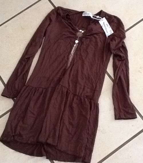 Ladies brown longsleeve shirt top - with bead design - great with tights - size large china uni size