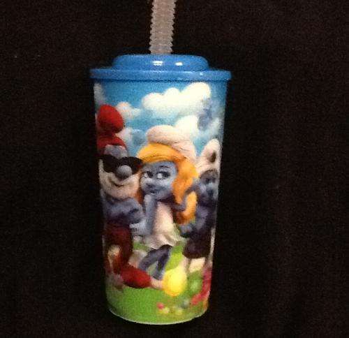 SMURFS PLASTIC CUP/ GLASS WITH STRAW - 3D PIC - 14CM - great for party favor