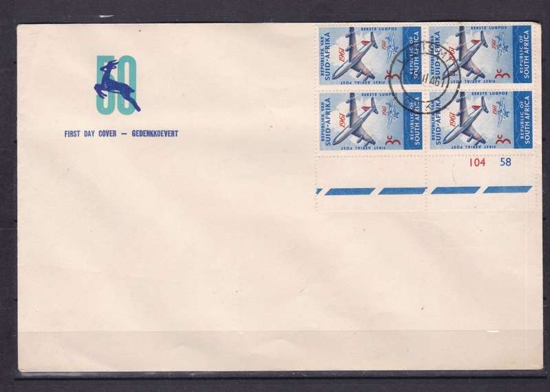 SOUTH AFRICA 1961 FDC - Block of 4 - 50th Anniversary of First South African Aerial Post