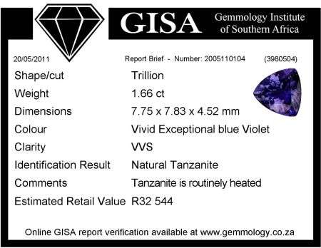 1.66ct **GISA CERTIFIED** TANZANITE VIVID EXCEPTIONAL blue Violet (bV6/6) Est. Retail : R32 544