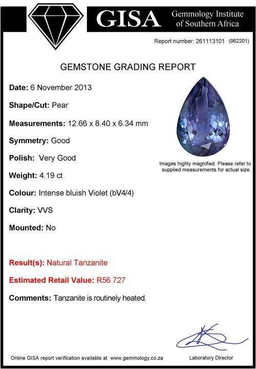 4.19ct ***GISA CERTIFIED*** TANZANITE INTENSE bluish Violet (bV4/4) Est. Retail : R56 727