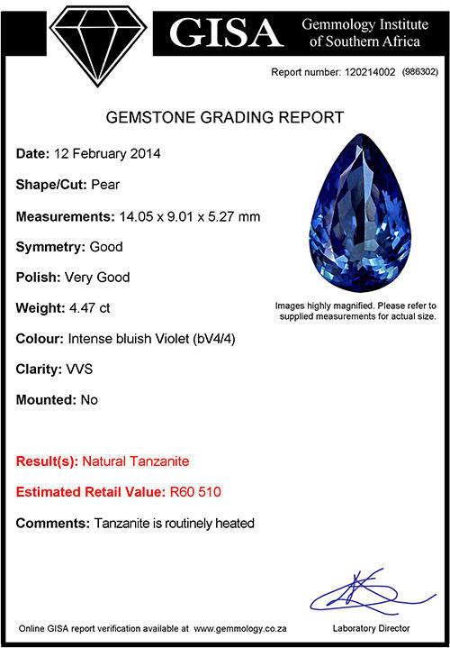 4.47ct TANZANITE - INTENSE bluish Violet Est. Retail : R60 510