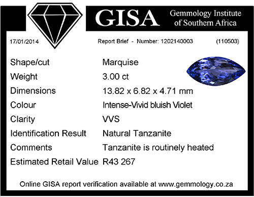 3.00ct TANZANITE - INTENS-VIVID bluish Violet Est. Retail : R43 267