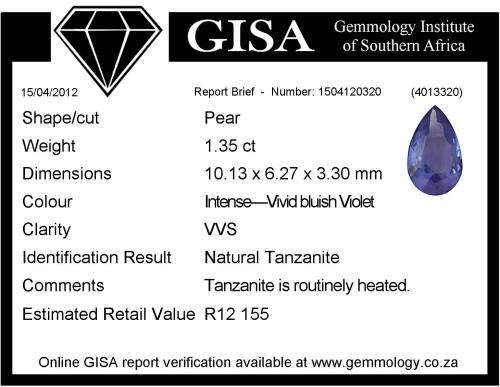 1.35ct TANZANITE - INTENSE-VIVID bluish Violet Est. Retail : R12 155