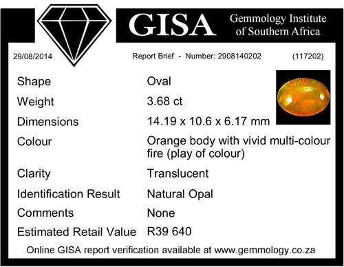 3.68ct NATURAL OPAL ORANGE Vivid Multi-colour FIRE Est. Retail : R39 640