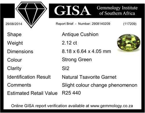 2.12ct NATURAL TSAVORITE - STRONG GREEN (HARD TO FIND) Est. Retail : R25 440