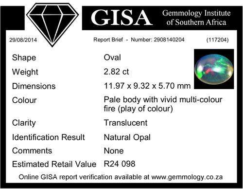 2.82ct NATURAL OPAL 'WELO RIDGE' Vivid Multi-colour FIRE Est. Retail : R24 098