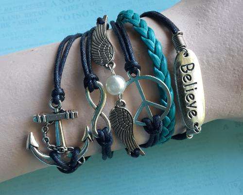 Infinity Bracelet - Believe, Peace Sign, Pearl with Wings Anchor & Infinity