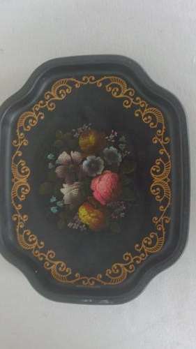Set Of Two Vintage Great Britain Elite Metal Black Floral Antiqued Tole Look Tray With Gold Rim