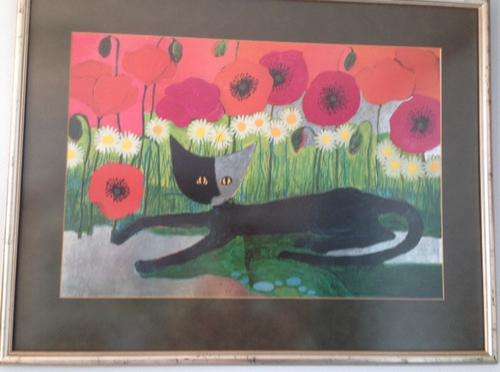 Rosina Wachtmeister cat and poppies print in a frame