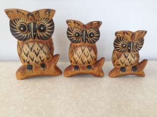3 Bali style wooden owl   ornaments