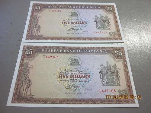 RHODESIA  $5 DOLLAR NOTES(2) UNCIRCULATED IN SEQUENCE