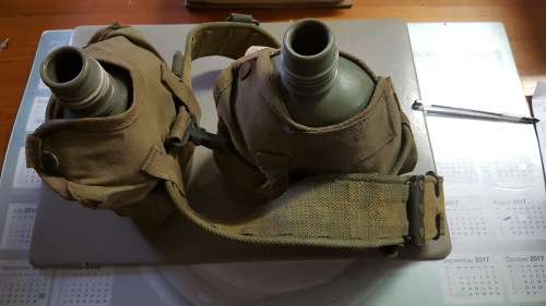 RHODESIA; BSAP PATU WEB BELT AND TWO WATER BOTTLES/POUCHES