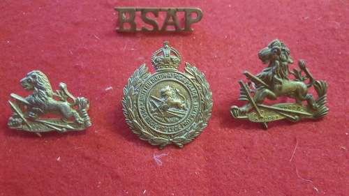 RHODESIA; BSAP CAP/HELMET BADGES/ SHOULDER BADGE