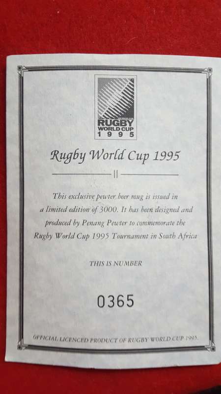 RUGBY; SOUTH AFRICAN WORLD CUP 1995 PEWTER BEER MUG reserved for ZEE