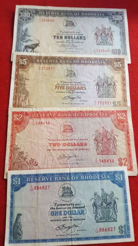 RHODESIA; 10 DOLLARS,FIVE DOLLARS,TWO DOLLARS, ONE DOLLAR NOTES USED