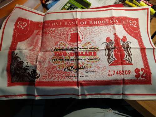 RHODESIA; BANK NOTE DISH CLOTH PRINT AS NEW $2DOLLAR